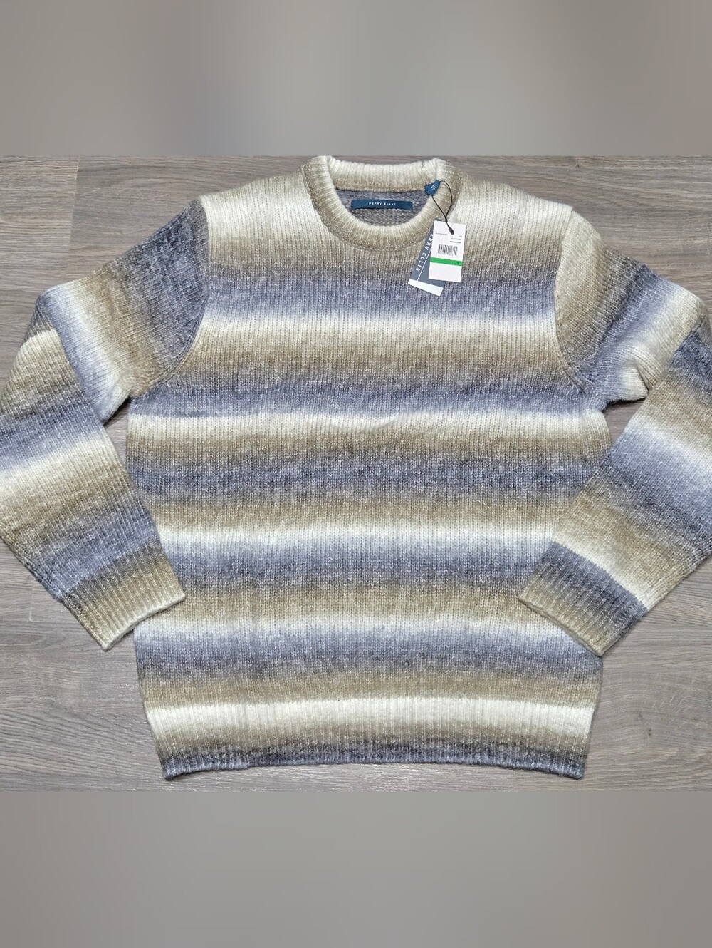 Perry Ellis Striped Crewneck Sweater in Cream & Gray